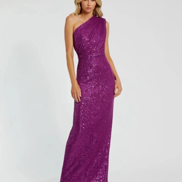 Purple/Pink 🩷 Sequined Ruched One-Shoulder Gown ~ Size 6 by Mac Duggal (Ieena) - Picture 1 of 14